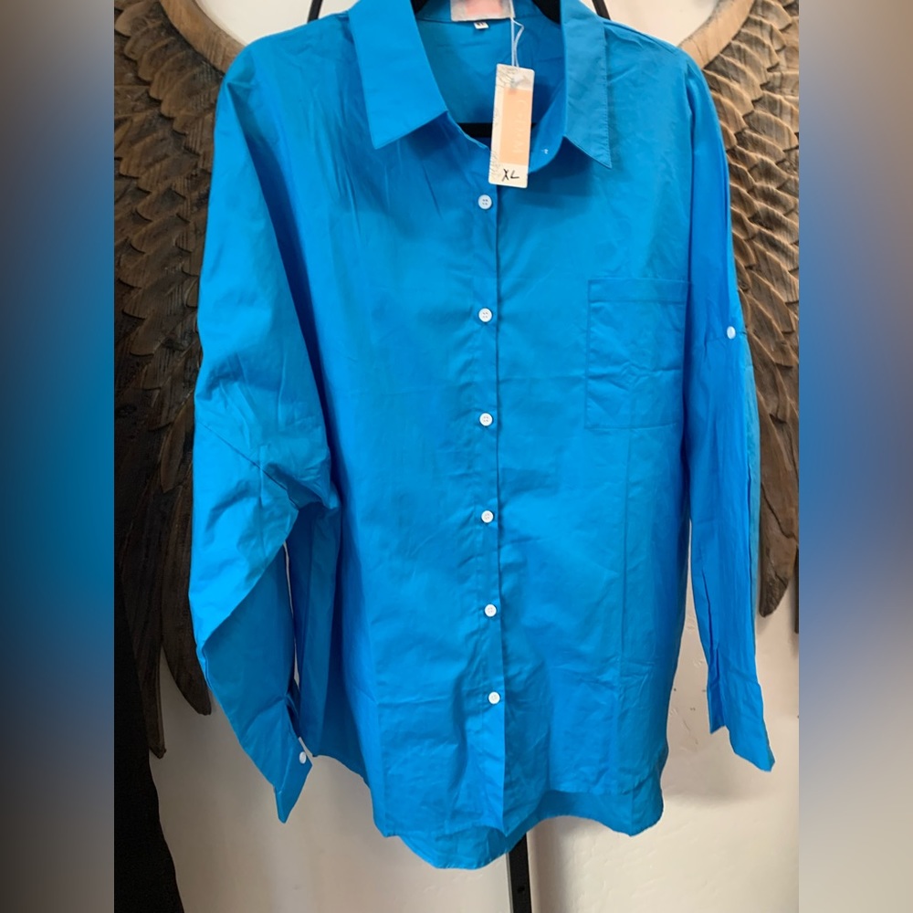 Turquoise ish blue button down blouse 100% cotton